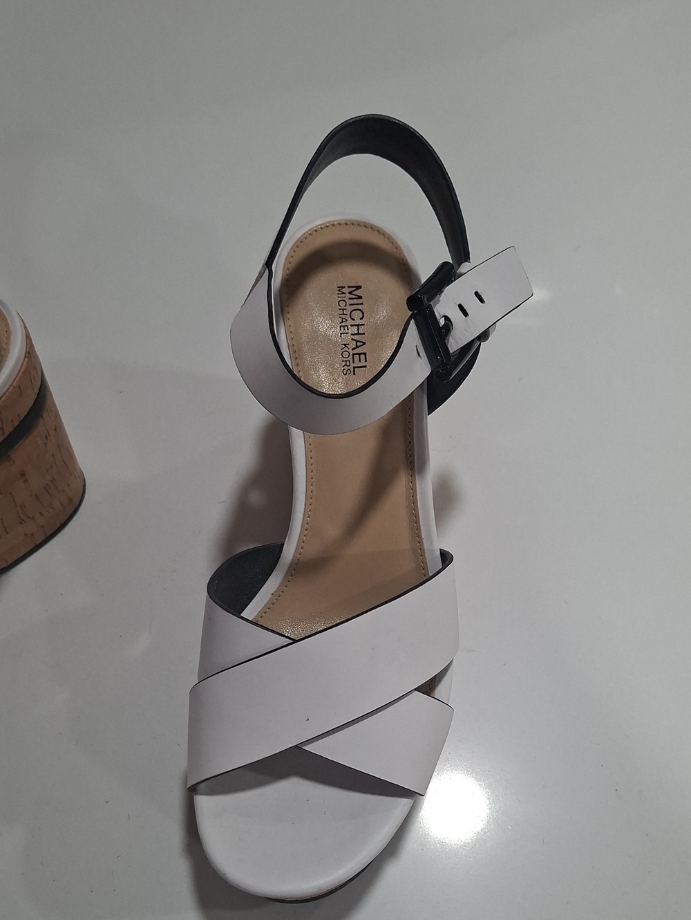 Michael Kors White and Black Leather Cross-Strap Wedge  Sandal - Women's
